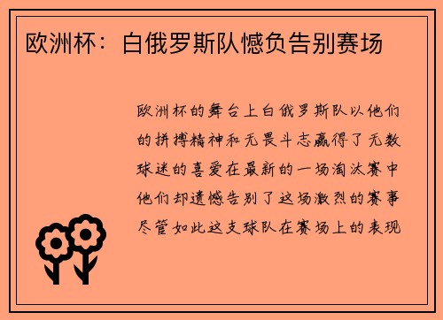 欧洲杯：白俄罗斯队憾负告别赛场